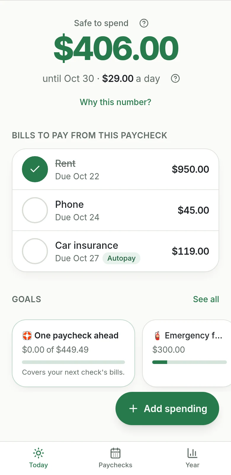 UntilPayday Today screen: $406.00 safe to spend until Oct 30, $29.00 a day, with Rent marked paid.